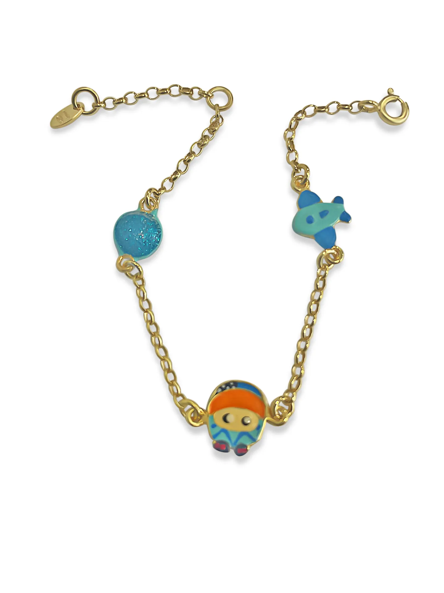 Βραχιόλι, παιδικό, ασημένιο,  για αγόρια, με σμάλτο διπλής όψης, 14 εκατοστών συν  αλυσίδα επέκτασης 2,3 εκατοστά,με αστροναύτη, γαλαξία, διαστημόπλοιο, άσπρο επιπλατίνωμα ή κίτρινο επιχρύσωμα,, woofie, 0230408101,